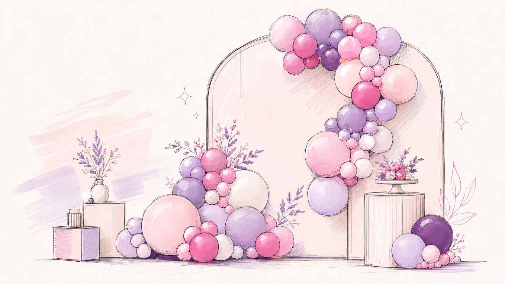 Sketch-style balloon backdrop mockup in pink and purple brand colors
