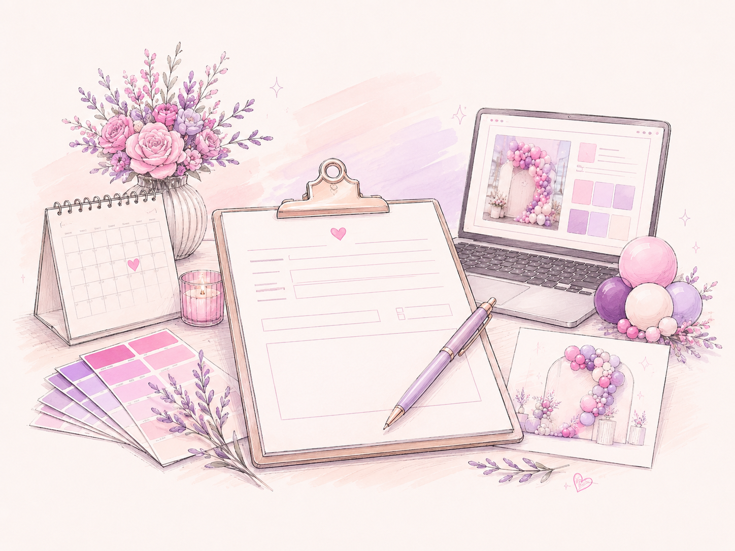 Sketch-style inquiry planning scene with clipboard, calendar, laptop, color swatches, and balloon mockup