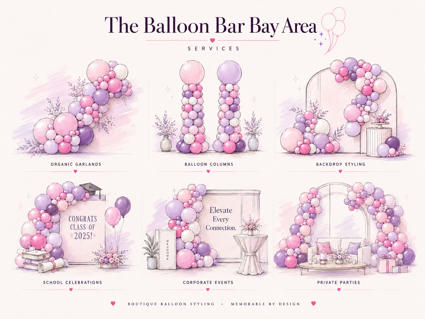 Sketch-style services board showing balloon garlands, columns, backdrops, school events, corporate events, and private parties